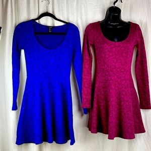 Lot of 2 - Forever21- Long-sleeve Short Dresses sz Small Blue and Burgundy EUC